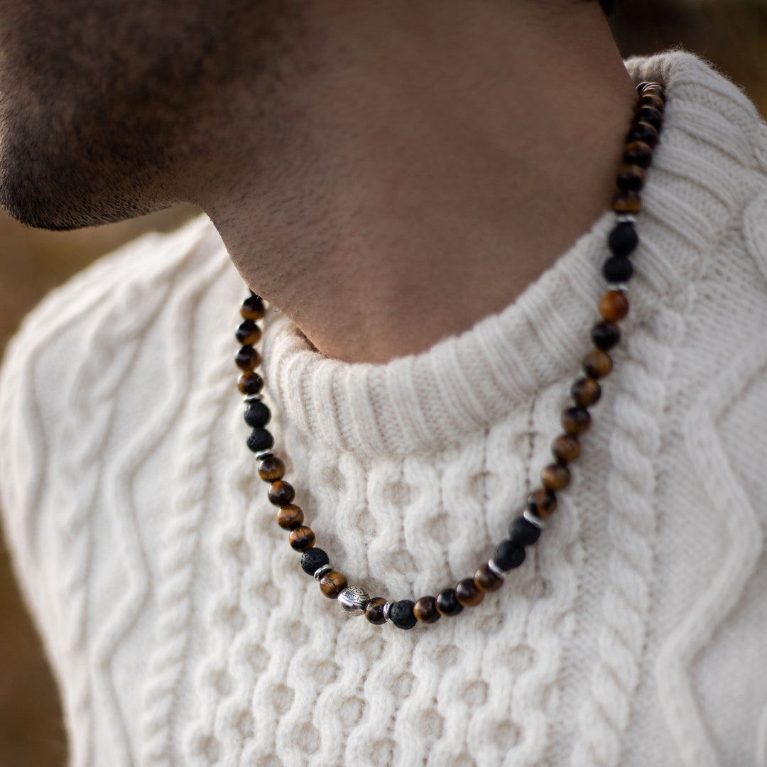 Collier "Énergie Terre & Feu" en Pierre de Lave & Oeil de Tigre