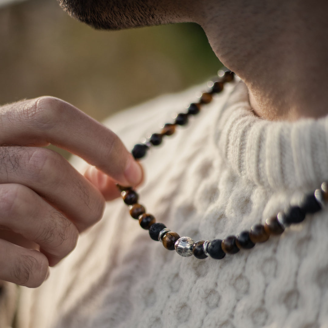 Collier "Énergie Terre & Feu" en Pierre de Lave & Oeil de Tigre