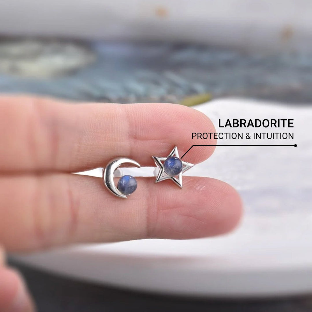 Boucles d'Oreilles "Lune Étoile" en Labradorite & Métal Argenté