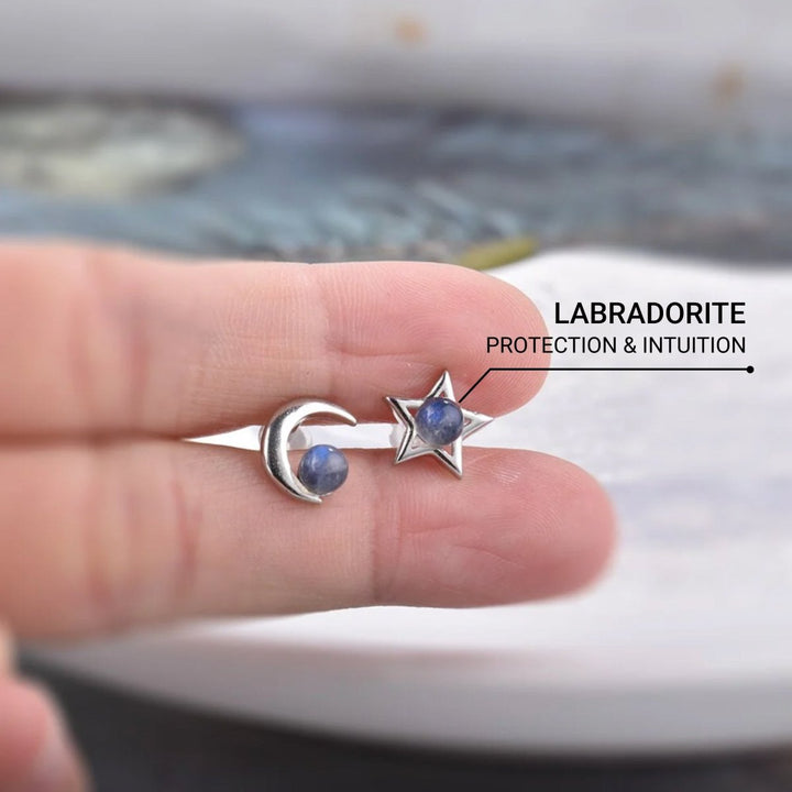 Boucles d'Oreilles "Lune Étoile" en Labradorite & Métal Argenté