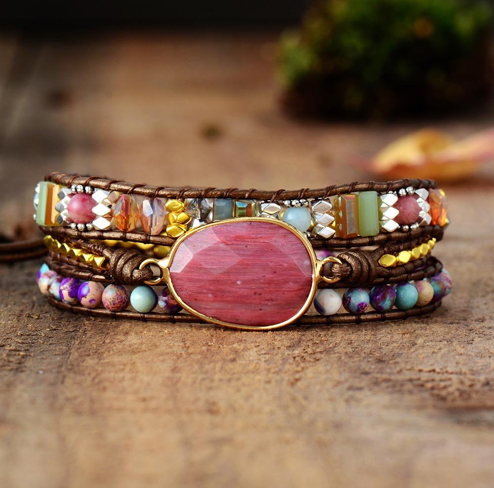 Bracelet Wrap "Douceur du Coeur" en Rhodochrosite
