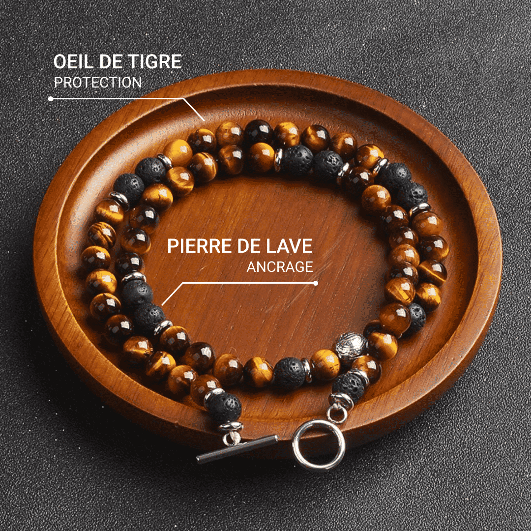 Collier "Énergie Terre & Feu" en Pierre de Lave & Oeil de Tigre