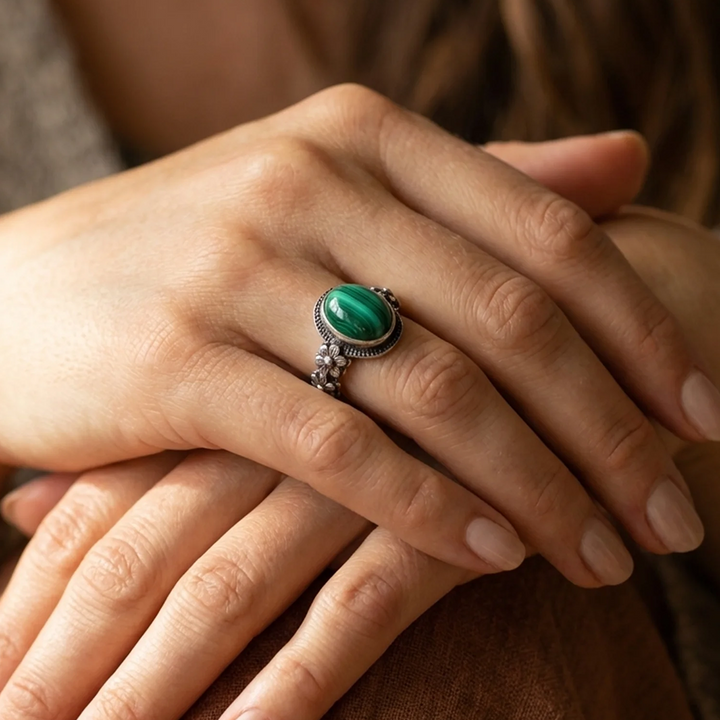 Bague "Fleur de Transformation" en Malachite