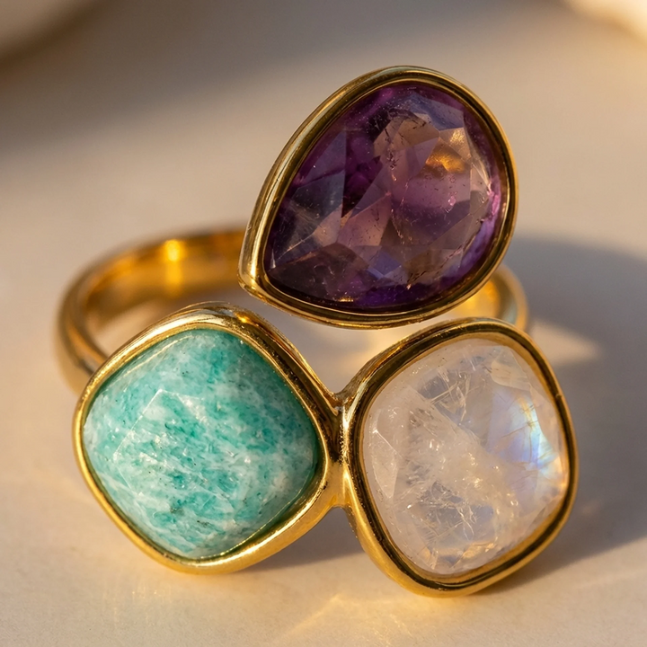 Bague "Aube Douce" en Amazonite, Quartz Rose & Améthyste